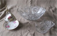 Cut crystal bowl, dish and cup and saucer.