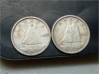 OF) Two silver Canada 10 cents 1940, 1942