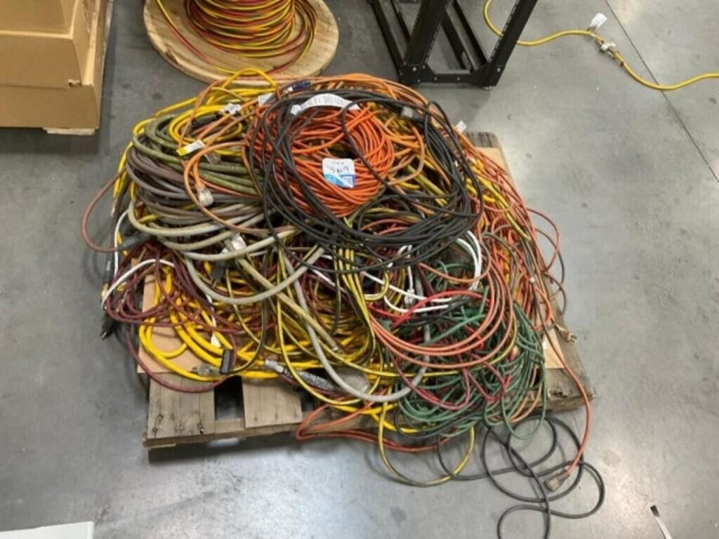 Pallet of Extension Cords, Spool of Wire, & Rack