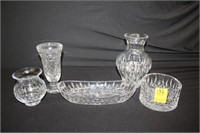 5pc Waterford Candy Dishes & Vases, tallest 8"