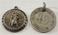 (2) Sterling Silver Pendants: Coin & Saints