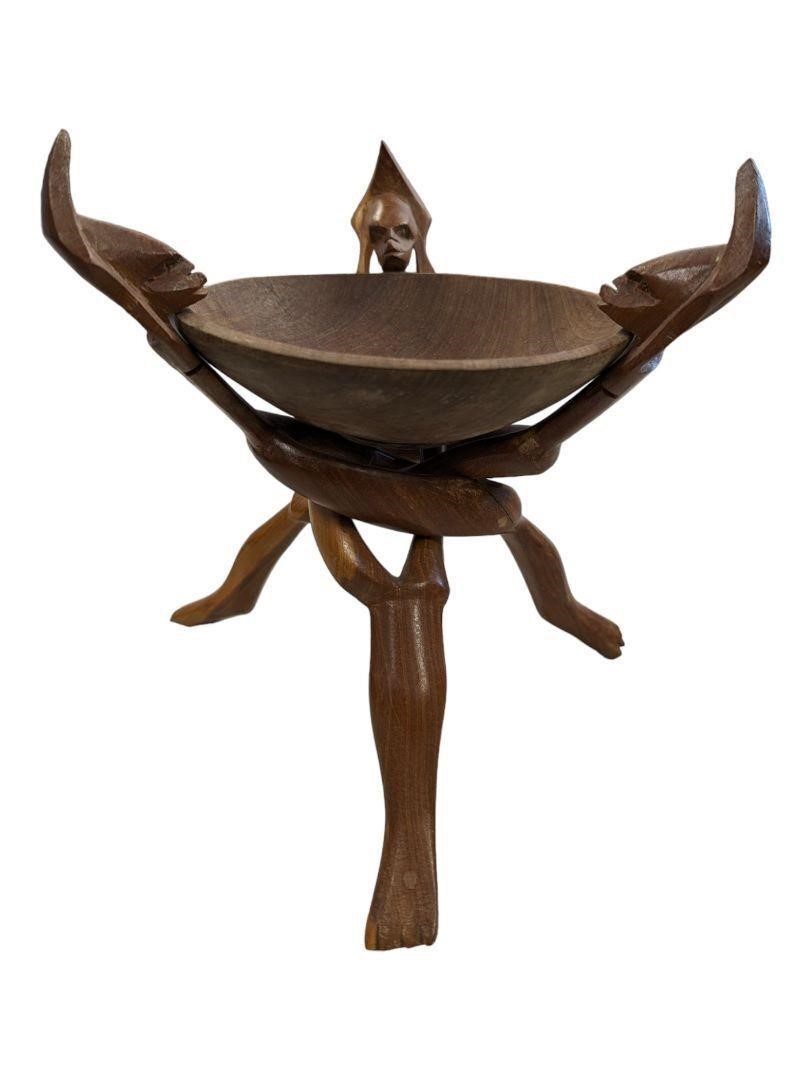 African Wood Bowl Hand Carved 3 Legged Stand