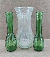 Hoosier Glass Ribbed Vase & 2 Vtg Emerald Vases
