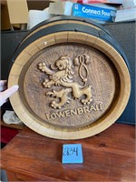 Lowenbrau beer whiskey keg barrel end plastic sign