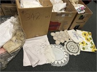 3 Box Lot of Assorted Linens and Crocheted Items: