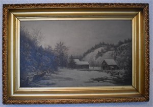Primitive O/C Painting of Winter Scene
