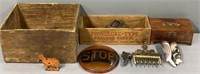 Wood Advertising Crates; Pipes & Antique Lot