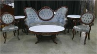 6 PIECE VICTORIAN PARLOR SET WITH MARBLE TOP TABLS