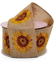 (N) 2 1/2" X 10 Yards Sunflowers On Natural Linen
