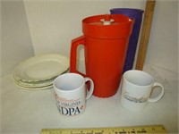 Tupperware water pitcher and UVA mugs