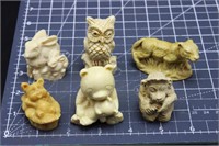 6 Bone Figurines, Bunnies, Monkey, Teddy Bear&owl