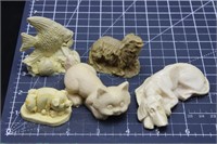 5 Bone Figurines, Lamb, Cat Pigs, Fish & Hound Dog