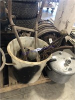 Metal pail w/ handles, iron wheel w/ handles, hame