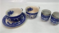 Vintage Blue & White Oriental Cups saucers silver