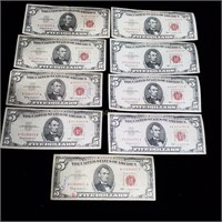 (9) 1963 $5 Bills w/ Red Seal