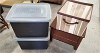 Small Table, 2 Empty Storage Totes, 1 Cloth Tote