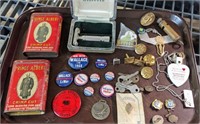 LOT: TOBACCO TINS, MILITARY PINS, CAMPAIGN PINS,