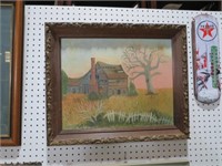 OIL PAINTING ON BOARD OF OLD CABIN