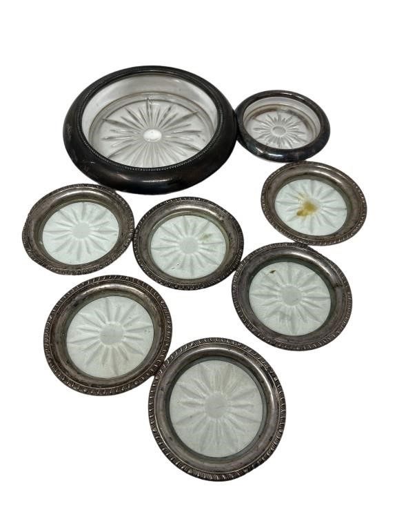 Stirling silver rimmed coasters glass inserts