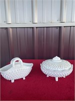 Fenton hobnail basket and oval dish lid