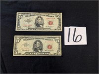 2- $5 Bills with Red Ink Printed