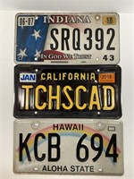 3 License Plates- Indiana, California, Hawaii