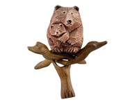 Mama Bear & Cub Figurine, Carved Wood Tripod Stand