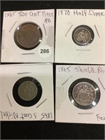 (4) Coins-1870 Half Dime, 1865 3 Cent & 2 Cent &
