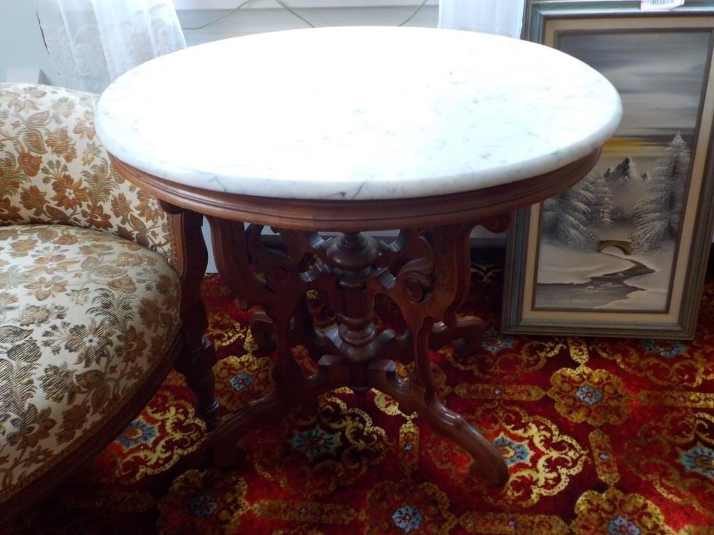 Oval Walnut marble top table Victorian