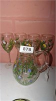 Spring hand painted pitcher and wine glasses