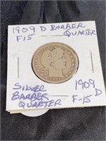 1909 D Fine Barber Silver Quarter