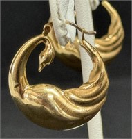 14K Gold Swan Figural Hoop Earrings, 2.8 Grams