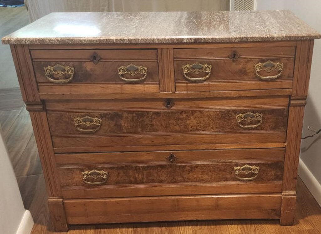 Burl Wood vintage  marble top dresser