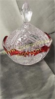 Cranberry and clear covered candy dish 9in