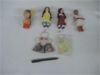 4 UNIQUE SMALL PLASTIC DOLLS & 2 DRESSES