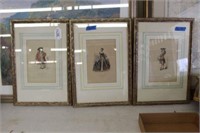 3 Framed French Antique Hand colored Pieces