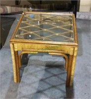 Glass top wicker and bamboo side table measuring