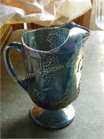 Blue carnival glass pitcher 11"T