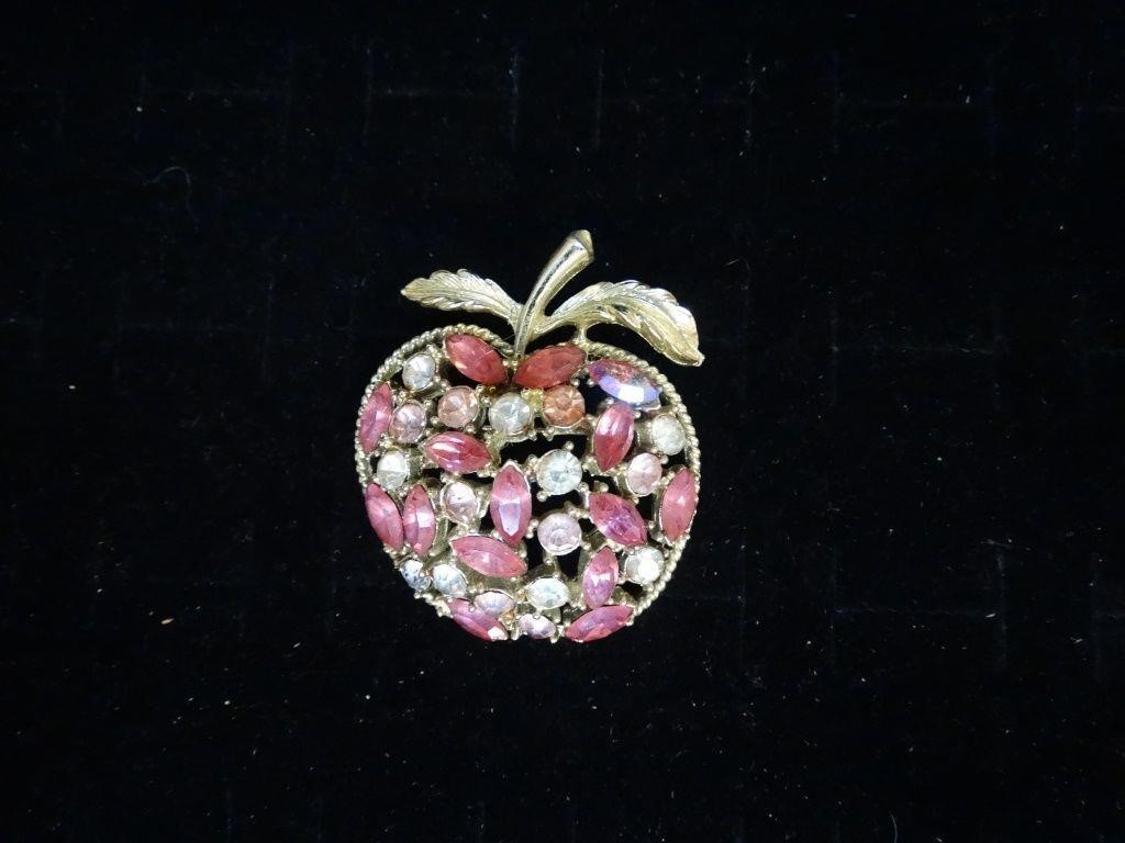 Signed Coro Apple Pink Rhinestone Gold Tone Brooch