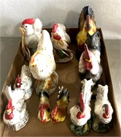 Chicken themed figurines, and salt and pepper