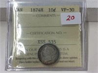 1874h  (iccs Vf30) Canadian Silver 10 Cent