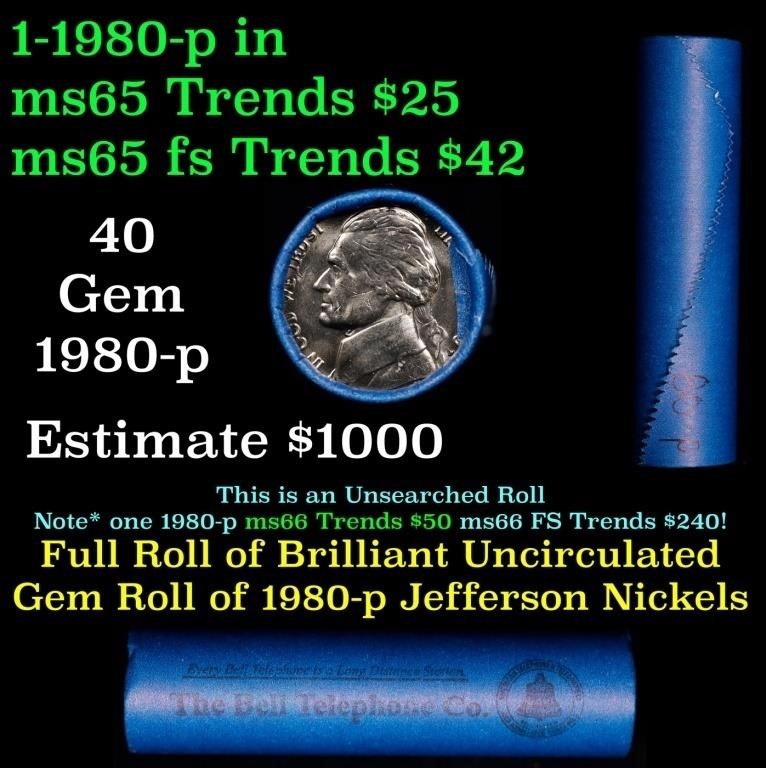 BU Shotgun Jefferson 5c roll, 1980-p 40 pcs Bank $