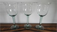 3 Green Tinted, Thick Stemmed Wine Glasses