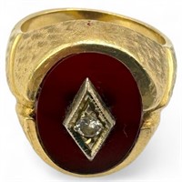 14K Gold Resco Red Stone & Center Diamond Ring