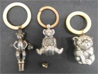 FIGURAL BABY RATTLES (3) ALL HAVE TEETHING RINGS