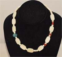Bone, Coral & Turquoise Beaded Necklace