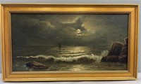 Victorian Moonlit Waterscape Oil Painting, relined