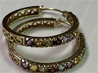 14kGold Hoop Earrings w/ Multi Color Gemstones