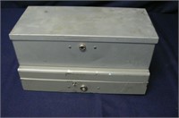 PAIR OF METAL BOXES WITH LIDS FULL OF HARDWARE