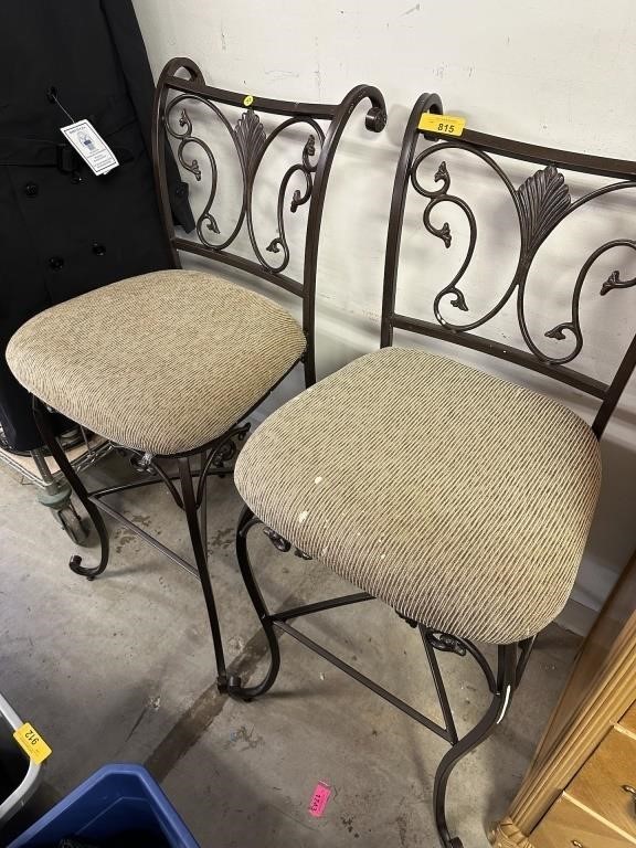 PAIR OF IRON BARSTOOLS W UPHOLSTERED TOPS